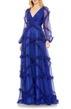 Mac Duggal Cascaded Ruffle Puff Sleeve A Line Gown In Sapphire