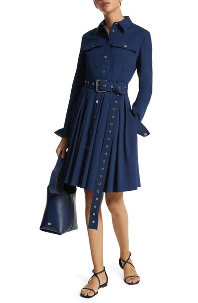 Michael Kors Belted Organic Poplin Cargo Shirtdress In Navy