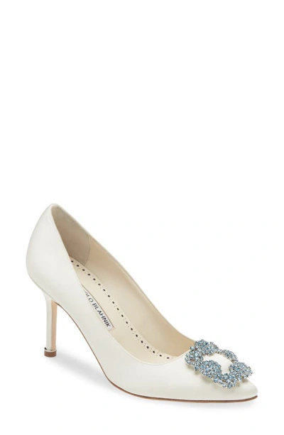 Manolo Blahnik Hangisi Bridal Crystal Buckle Pump In White