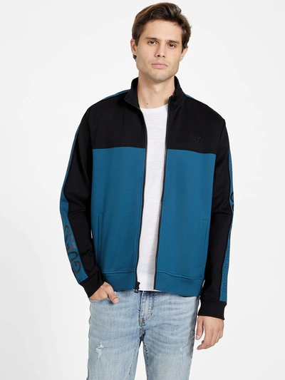 Guess Factory Don Color-block Logo Tape Active Zip Jacket In Blue