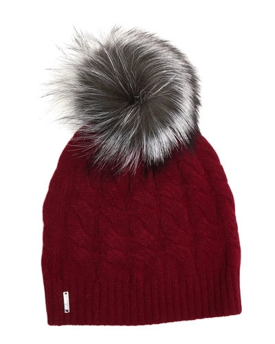 Gorski Cable Knit Cashmere Hat With Fox Fur Pompom In Red