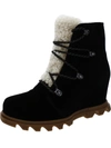 Sorel Joan Of Arctic Wedge Iii Lace Cozy Womens Suede Fleece Lined Ankle Boots In Black