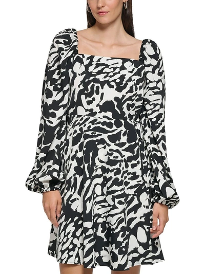 KARL LAGERFELD WOMENS PRINTED SQUARE NECK FIT & FLARE DRESS