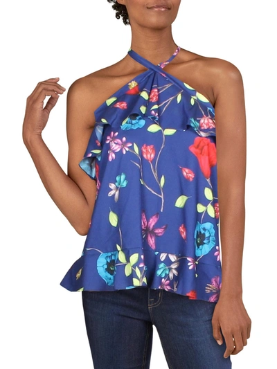 Parker Nashley Womens Ruffled Floral Halter Top In Blue