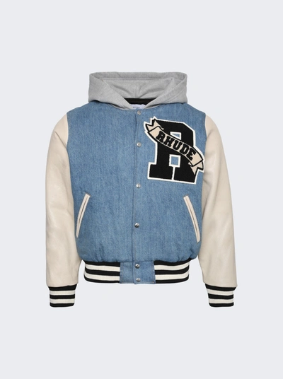 Rhude Blue Hooded Bomber Jacket In Multi