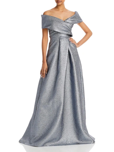 Rickie Freeman Teri Jon Womens Metallic Maxi Evening Dress In Silver
