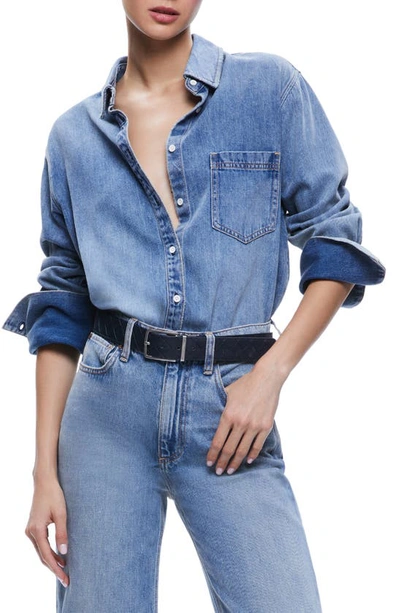 Alice And Olivia Finely Oversized Denim Shirt In Sadie Light Vintage Blue