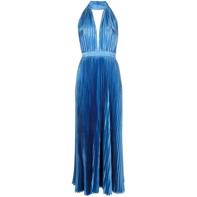 L'idée Chateau Pleated Satin Halter Midi Dress In Blue