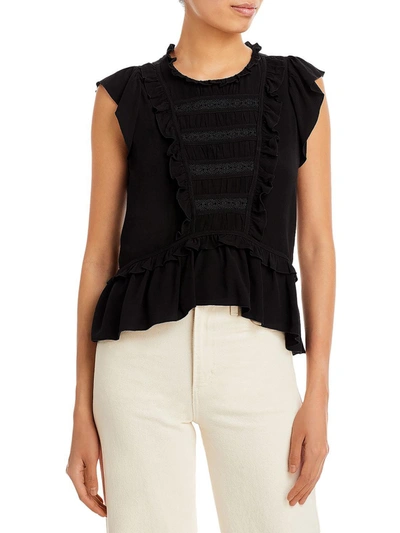 Aqua Womens Lace Inset Ruffled Pullover Top In Black