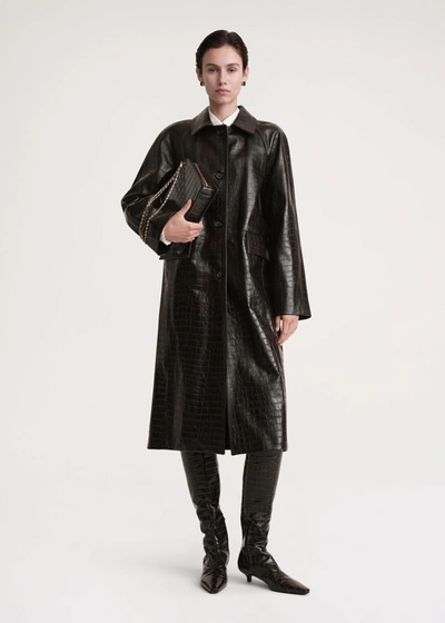 Totême Raglan-sleeve Croco Embossed Coat Dark Brown