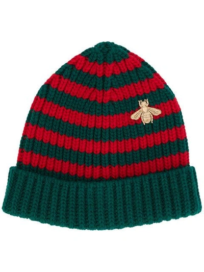 Gucci Striped Beanie With Embroidery In Green