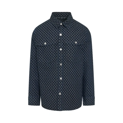 Balmain Blue Monogram Jacquard Curved Hem Denim Shirt For Men