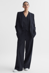 REISS WILLOW - NAVY WOOL BLEND WIDE LEG PINSTRIPE TROUSERS, US 8