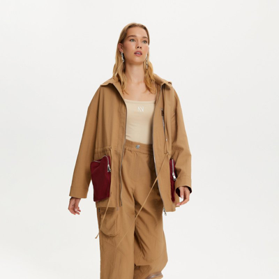 Nocturne Women's High Waist Boyfriend Pants With Cargo Pockets In Camel