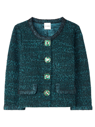 St John Metallic-trim Jewel-button Italian Slub Tweed Jacket In Dark Teal/black Multi