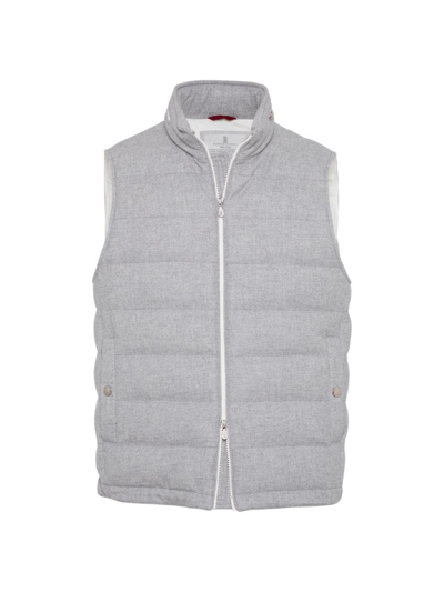 Brunello Cucinelli Men's Wool, Silk And Cashmere Bonded Diagonal Down Vest With Packable Hood In Fog