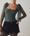 Free People Tongue Tied Mesh Sleeve Tie Shoulder Bodysuit In Green