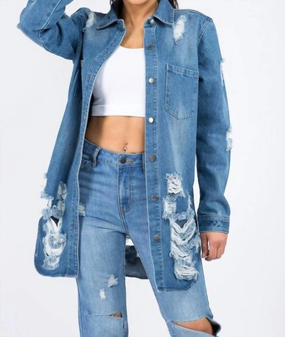 American Bazi Candace Ultra-distressed Long Denim Shirt Jacket In Blue