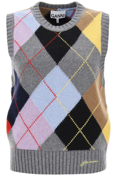 Ganni Harlequin-pattern Intarsia-knit Vest In Grey