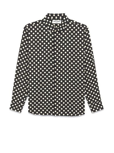 Saint Laurent Tonal Pattern Silk Button-up Shirt In Black