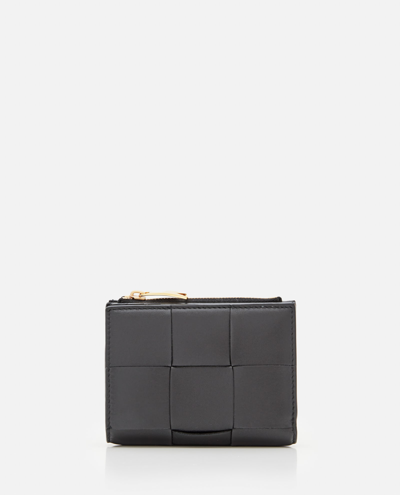 Bottega Veneta Small Bi-fold Leather Zip Wallet In Black Gold
