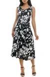 Nina Leonard Crewneck Sleeveless Midi Dress In Black/ Ivory Combo