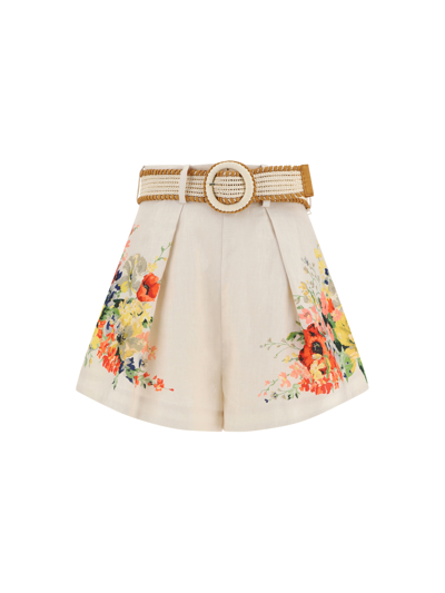 Zimmermann Alight Tuck Floral-pattern Linen Shorts In White
