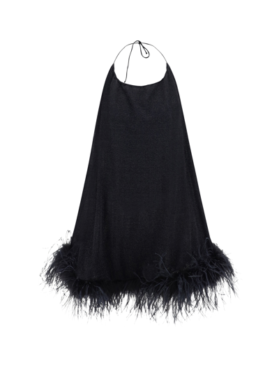 Oseree Mini Black Dress With Halterneck And Feathers In Polyamide Blend Woman In Blue