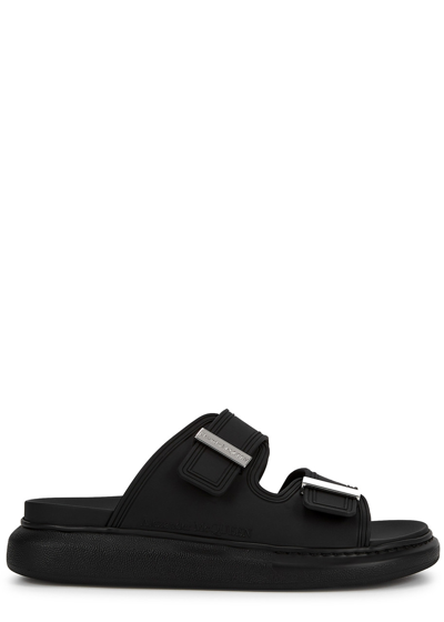 Alexander Mcqueen Black Rubber Sliders In Black Silver