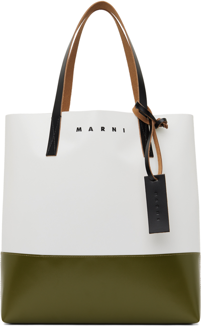 Marni Green & White Shopping Tote In Zo745 Lily White/lea