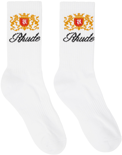 Rhude White Crest Socks In White Tan Red