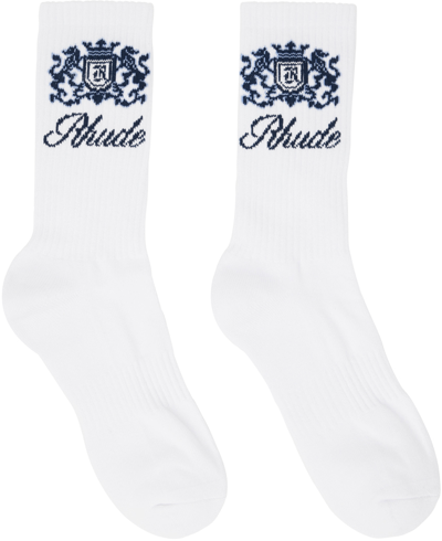 Rhude White Crest Socks In White/sky