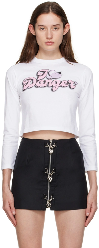 Pristine White 'danger' Long Sleeve T-shirt In White/pink