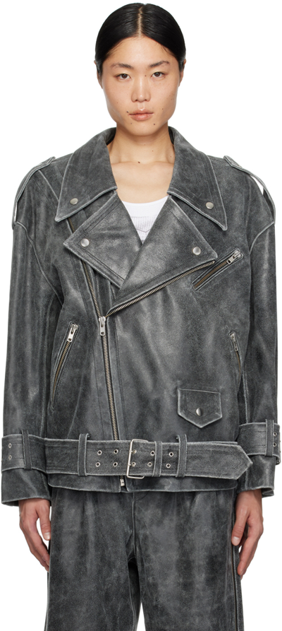 Vaquera Grey Distressed Leather Jacket In Black