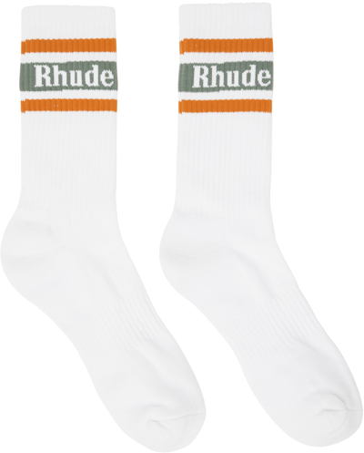 Rhude White & Green Stripe Logo Socks In White/sage/orange