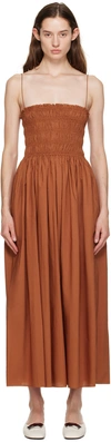 Matteau Shirred Cotton Midi Dress In Orange