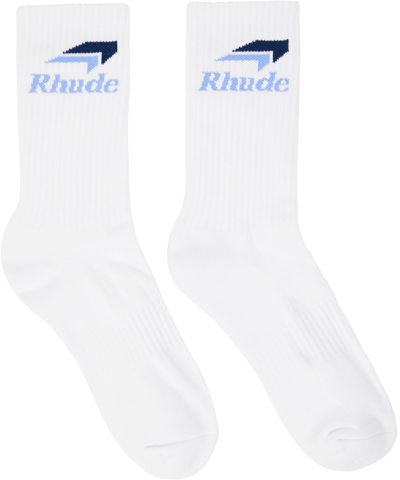 Rhude White Speedmark Socks In White/sky