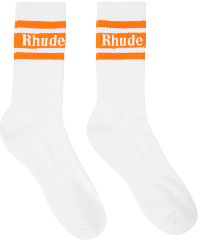 Rhude White & Orange Stripe Logo Socks In White/orange
