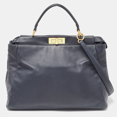 Pre-owned Fendi Dark Blue Leather Large Peekaboo Top Handle Bag