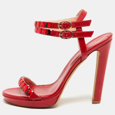 Pre-owned Sergio Rossi Red Leather Crystal Embellished Ankle Strap Sandals Size 37