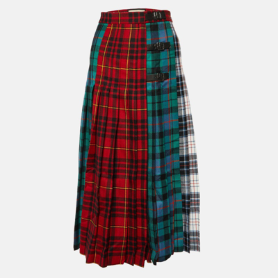 Pre-owned Gucci Multicolor Plaided Wool Leather Trim Pleated Midi Skirt S