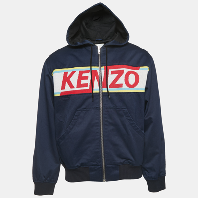 Pre-owned Kenzo Navy Blue Gabardine Logo Detailed Zip Front Hooded Jacket S