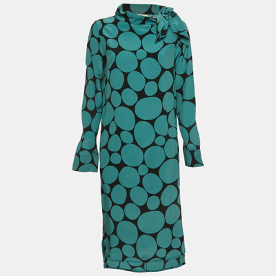 Pre-owned Marni Black/blue Dotted Silk Neck Tie Long Sleeve Midi Dress M
