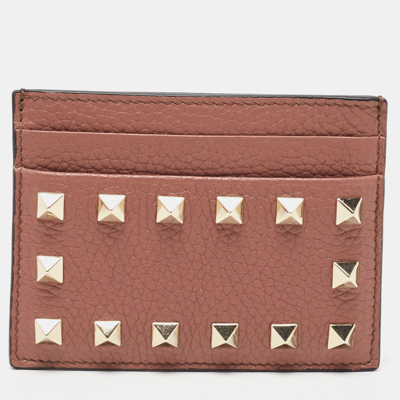 Pre-owned Valentino Garavani Brown Leather Rockstud Card Holder