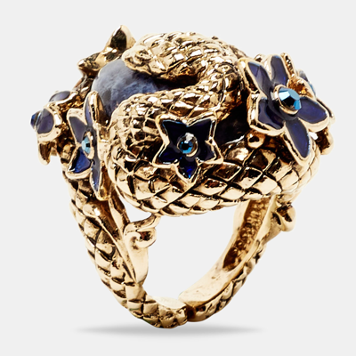 Pre-owned Roberto Cavalli Enamel Crystal Gold Tone Serpenti Ring