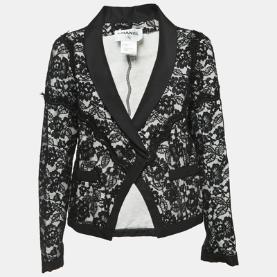 Pre-owned Chanel Black/white Floral Lace Single Button Blazer L