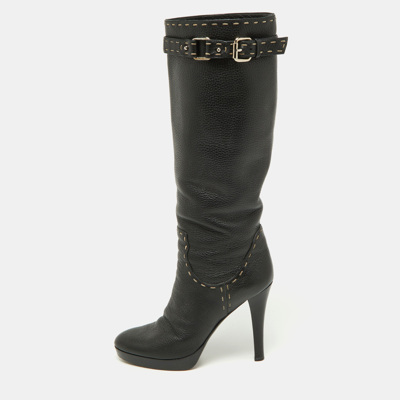 Pre-owned Fendi Black Selleria Leather Knee Length Platform Boots Size 39