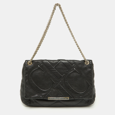 Pre-owned Carolina Herrera Black Ch Embossed Leather Flap Chain Bag