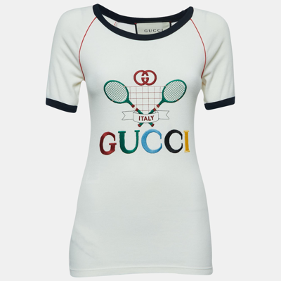 Pre-owned Gucci Cream Logo Tennis Embroidered Cotton Short Sleeve T-shirt S