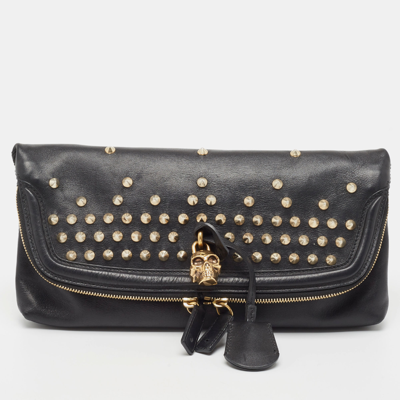 Pre-owned Alexander Mcqueen Black Leather Studded Skull Padlock Fold Over Clutch